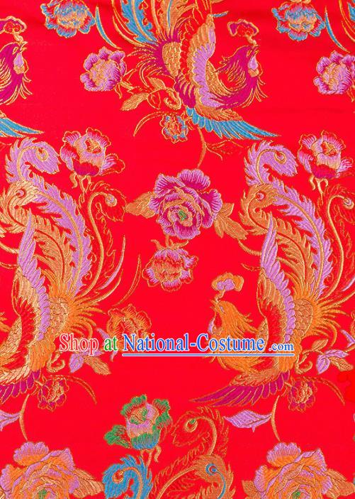 Asian Chinese Traditional Fabric Red Brocade Silk Material Classical Phoenix Peony Pattern Design Satin Drapery