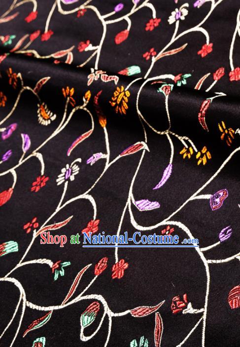 Asian Chinese Traditional Fabric Black Brocade Silk Material Classical Chili Flowers Pattern Design Satin Drapery