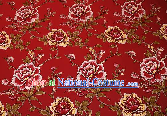 Traditional Chinese Red Satin Brocade Drapery Classical Embroidery Peony Pattern Design Cushion Silk Fabric Material