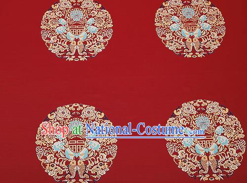 Traditional Chinese Red Satin Brocade Drapery Classical Embroidery Fishes Lotus Pattern Design Cushion Silk Fabric Material