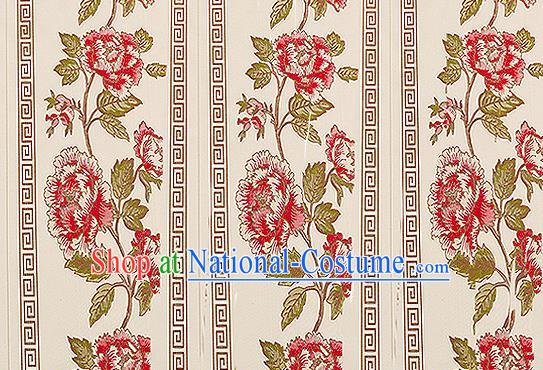 Traditional Chinese Classical Beige Satin Brocade Drapery Embroidery Peony Pattern Design Cushion Silk Fabric Material