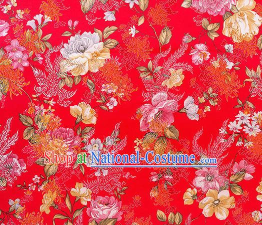 Traditional Chinese Classical Red Satin Brocade Drapery Chrysanthemum Peony Pattern Design Qipao Dress Silk Fabric Material