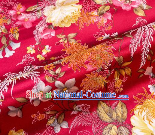 Traditional Chinese Classical Wine Red Satin Brocade Drapery Chrysanthemum Peony Pattern Design Qipao Dress Silk Fabric Material