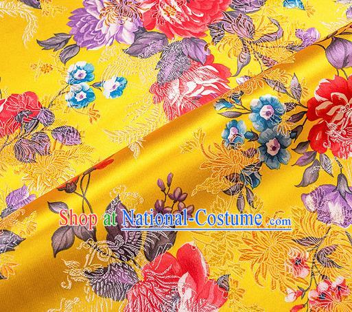 Traditional Chinese Classical Yellow Satin Brocade Drapery Chrysanthemum Peony Pattern Design Qipao Dress Silk Fabric Material