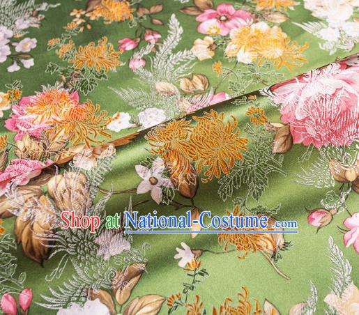 Traditional Chinese Classical Green Satin Brocade Drapery Chrysanthemum Peony Pattern Design Qipao Dress Silk Fabric Material