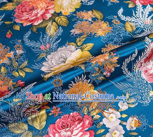 Traditional Chinese Classical Blue Satin Brocade Drapery Chrysanthemum Peony Pattern Design Qipao Dress Silk Fabric Material