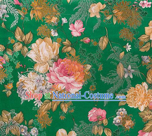 Traditional Chinese Classical Deep Green Satin Brocade Drapery Chrysanthemum Peony Pattern Design Qipao Dress Silk Fabric Material