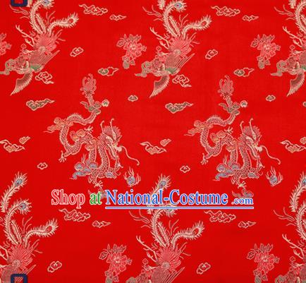 Traditional Chinese Classical Red Satin Brocade Drapery Dragon Phoenix Pattern Design Qipao Dress Silk Fabric Material