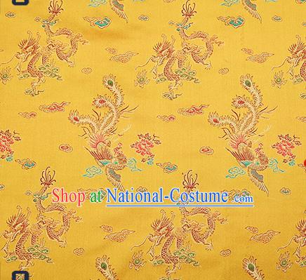 Traditional Chinese Classical Golden Satin Brocade Drapery Dragon Phoenix Pattern Design Qipao Dress Silk Fabric Material