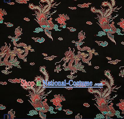 Traditional Chinese Classical Black Satin Brocade Drapery Dragon Phoenix Pattern Design Qipao Dress Silk Fabric Material