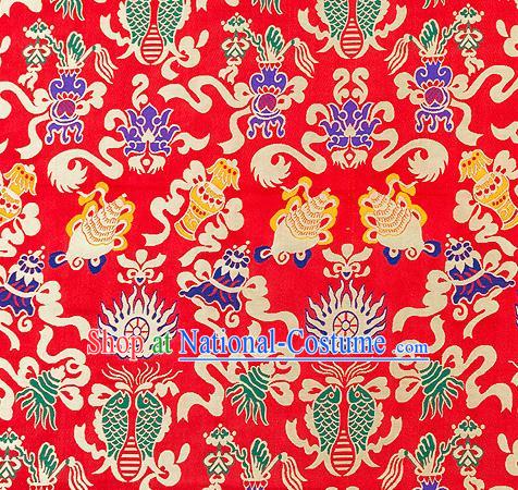 Traditional Chinese Red Nanjing Brocade Drapery Classical Fishes Pattern Design Satin Qipao Dress Silk Fabric Material