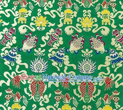 Traditional Chinese Green Nanjing Brocade Drapery Classical Fishes Pattern Design Satin Qipao Dress Silk Fabric Material