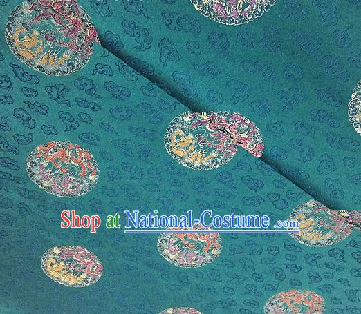 Traditional Chinese Tang Suit Silk Fabric Blue Brocade Material Classical Round Dragons Pattern Design Satin Drapery