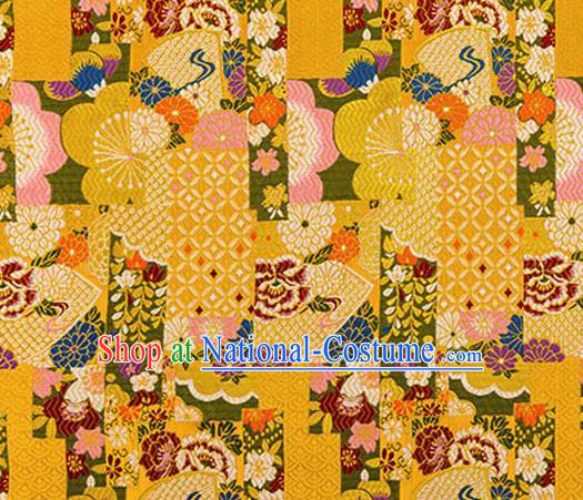 Asian Japanese Traditional Fabric Yellow Brocade Silk Material Classical Pattern Design Satin Drapery