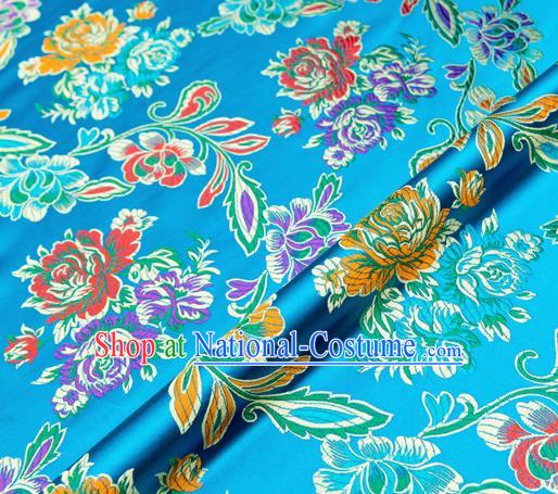 Traditional Chinese Tang Suit Silk Fabric Blue Brocade Material Classical Peony Pattern Design Satin Drapery