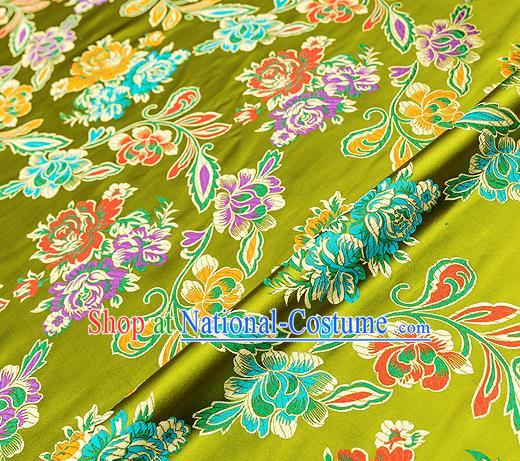 Traditional Chinese Tang Suit Silk Fabric Olive Green Brocade Material Classical Peony Pattern Design Satin Drapery