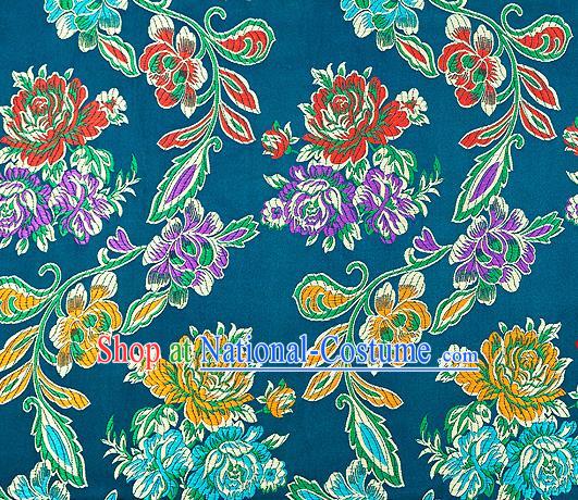 Traditional Chinese Tang Suit Silk Fabric Lake Blue Brocade Material Classical Peony Pattern Design Satin Drapery