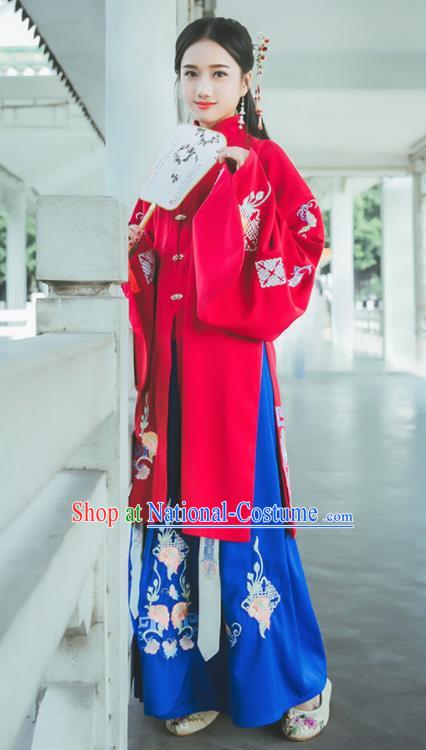 Chinese Ancient Ming Dynasty Princess Costumes Embroidered Red Hanfu Dress for Rich Women