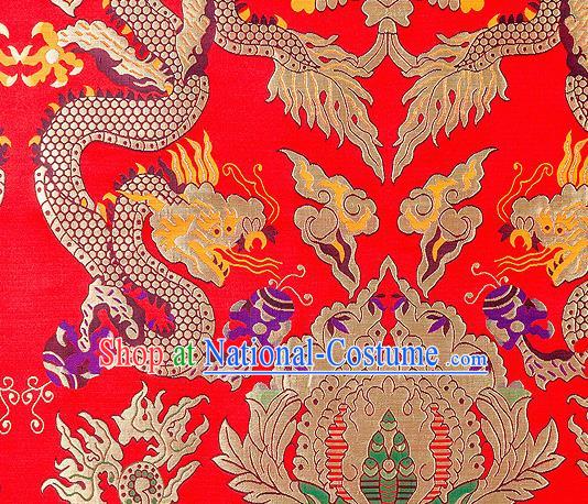 Asian Chinese Traditional Red Satin Fabric Tang Suit Nanjing Brocade Silk Material Classical Double Dragons Pattern Design Drapery