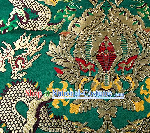 Asian Chinese Traditional Green Satin Fabric Tang Suit Nanjing Brocade Silk Material Classical Double Dragons Pattern Design Drapery