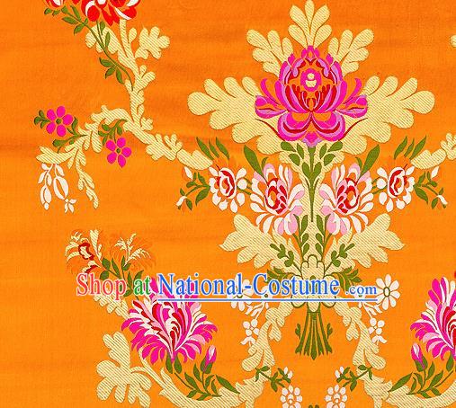 Asian Chinese Traditional Satin Fabric Tang Suit Orange Brocade Silk Material Classical Peony Pattern Design Drapery