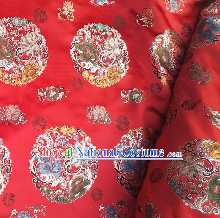 Asian Chinese Traditional Fabric Tang Suit Red Brocade Silk Material Classical Lotus Pattern Design Satin Drapery