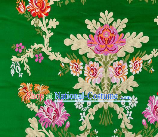 Asian Chinese Traditional Satin Fabric Tang Suit Green Brocade Silk Material Classical Peony Pattern Design Drapery