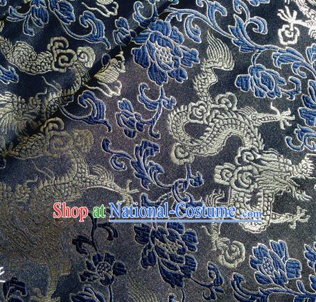 Asian Chinese Traditional Fabric Navy Satin Brocade Silk Material Classical Dragon Pattern Design Satin Drapery