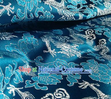 Asian Chinese Traditional Fabric Blue Satin Brocade Silk Material Classical Dragons Pattern Design Satin Drapery