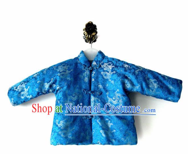 Chinese Classical Blue Brocade Blouse Traditional Baby Embroidered Cotton-Padded Jacket for Kids