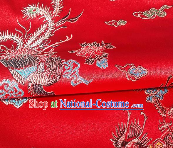 Asian Chinese Traditional Fabric Red Brocade Silk Material Classical Dragon Phoenix Pattern Design Satin Drapery