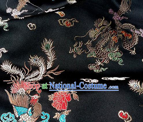 Asian Chinese Traditional Fabric Black Satin Brocade Silk Material Classical Dragon Phoenix Pattern Design Satin Drapery