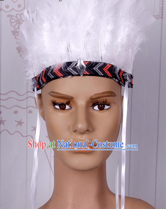 Halloween Catwalks White Feather Hair Accessories Cosplay Primitive Tribe Feather Hat for Adults