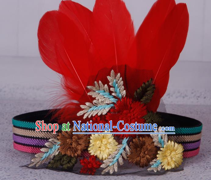 Halloween Catwalks Apache Knight Red Feather Hair Accessories Cosplay Primitive Tribe Feather Hat for Adults