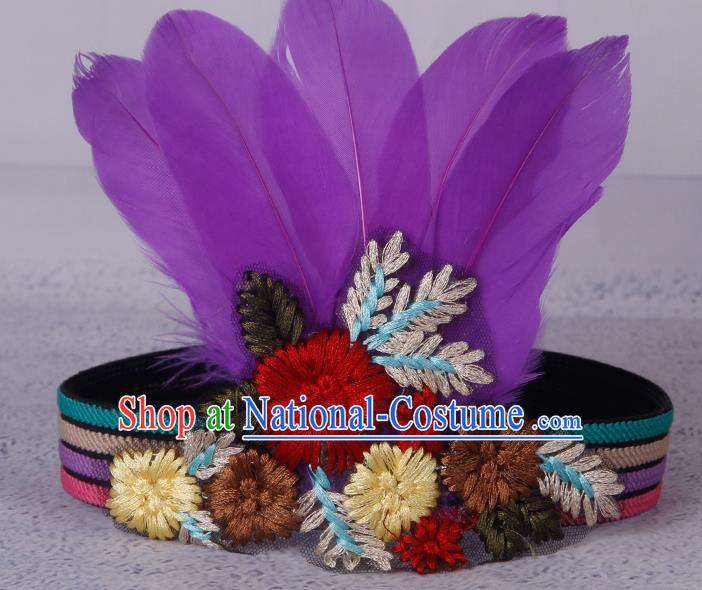 Halloween Catwalks Apache Knight Purple Feather Hair Accessories Cosplay Primitive Tribe Feather Hat for Adults