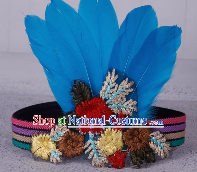 Halloween Catwalks Apache Knight Blue Feather Hair Accessories Cosplay Primitive Tribe Feather Hat for Adults