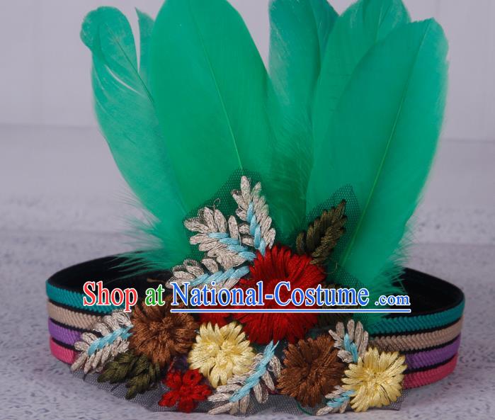 Halloween Catwalks Apache Knight Green Feather Hair Accessories Cosplay Primitive Tribe Feather Hat for Adults