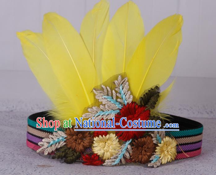 Halloween Catwalks Apache Knight Yellow Feather Hair Accessories Cosplay Primitive Tribe Feather Hat for Adults