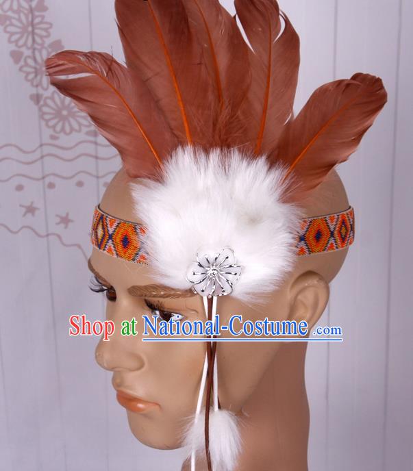 Halloween Catwalks Apache Chief Brown Feather Hair Accessories Cosplay Primitive Tribe Feather Hat for Adults