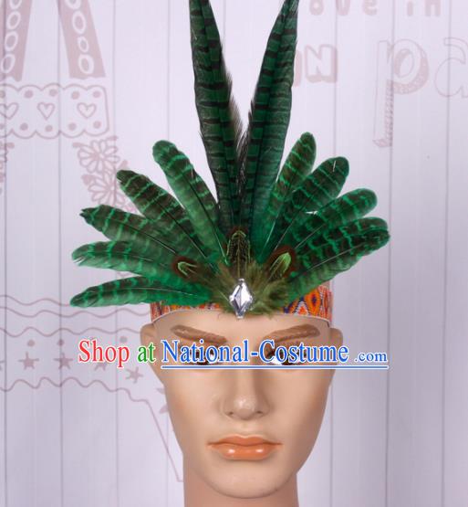 Halloween Catwalks Apache Chief Green Feather Hair Clasp Cosplay Primitive Tribe Feather Hat for Adults