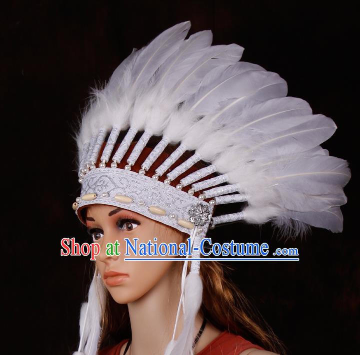 Halloween Catwalks Apache Chief White Feather Headdress Cosplay Thanksgiving Day Primitive Tribe Feather Hat for Adults