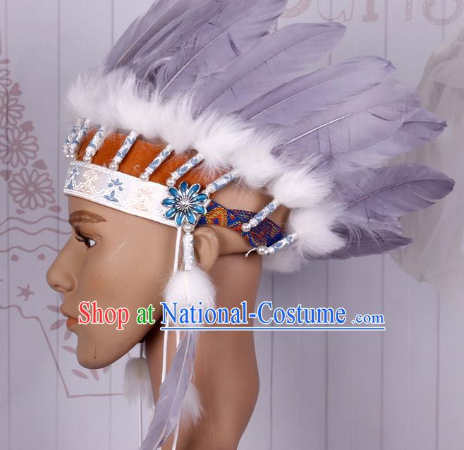 Halloween Catwalks Apache Chief Grey Feather Headdress Cosplay Thanksgiving Day Primitive Tribe Feather Hat for Adults