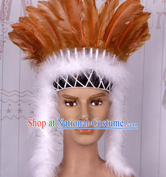 Halloween Catwalks Apache Chief Orange Feather Headdress Cosplay Thanksgiving Day Primitive Tribe Feather Hat for Adults