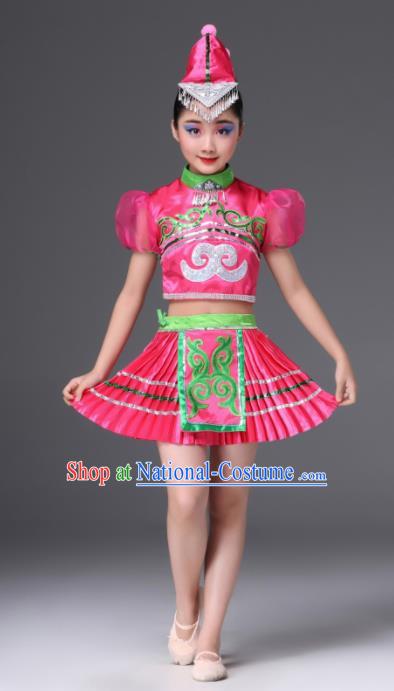 Chinese Traditional Ethnic Costumes Miao Nationality Folk Dance Rosy Dress for Kids