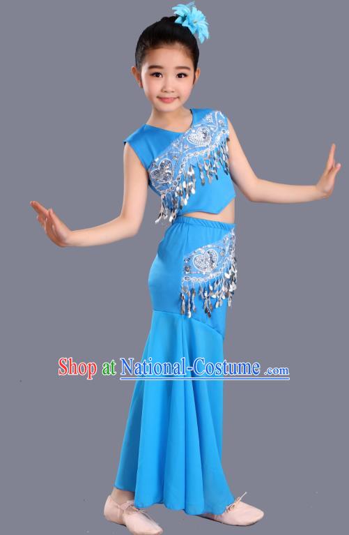 Chinese Traditional Ethnic Costumes Dai Nationality Folk Dance Pavane Blue Dress for Kids