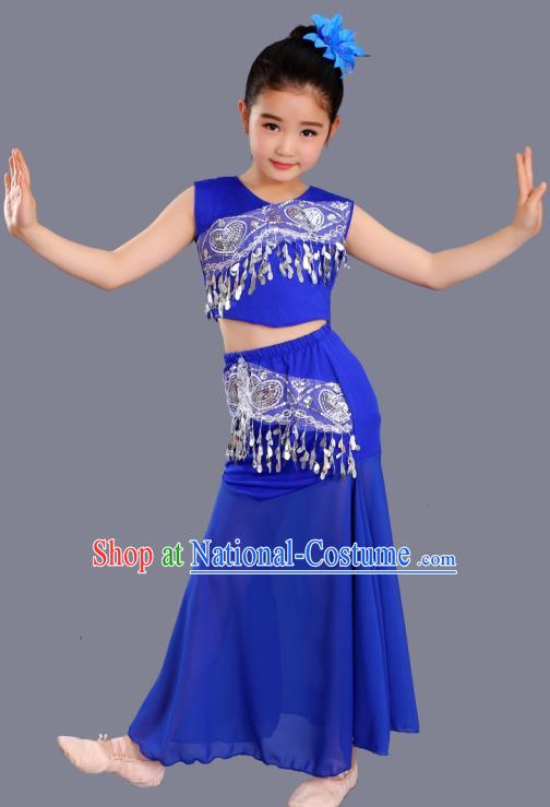 Chinese Traditional Ethnic Costumes Dai Nationality Folk Dance Pavane Royalblue Dress for Kids