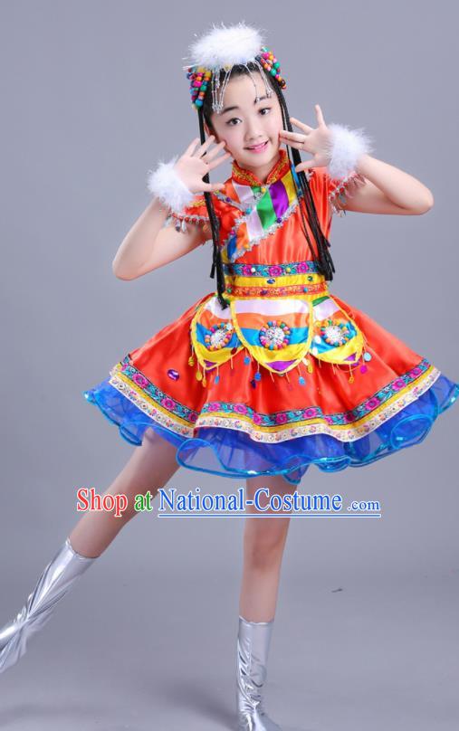 Chinese Traditional Ethnic Costumes Mongolian Nationality Folk Dance Red Dress for Kids