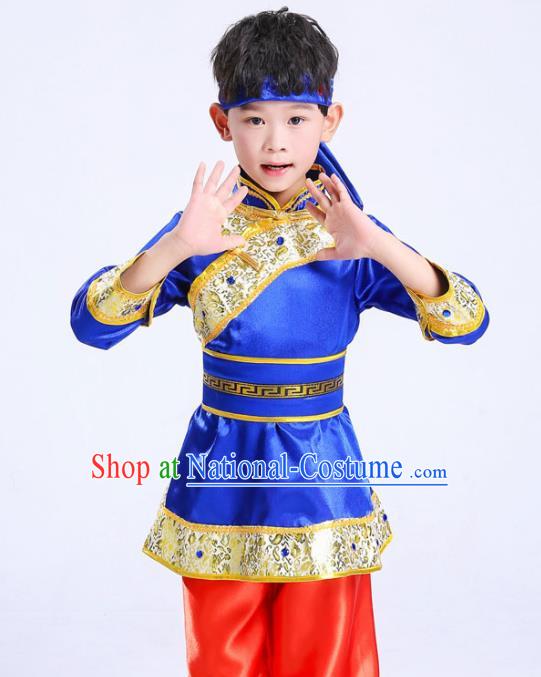 Chinese Traditional Ethnic Costumes Mongolian Nationality Folk Dance Blue Clothing for Kids