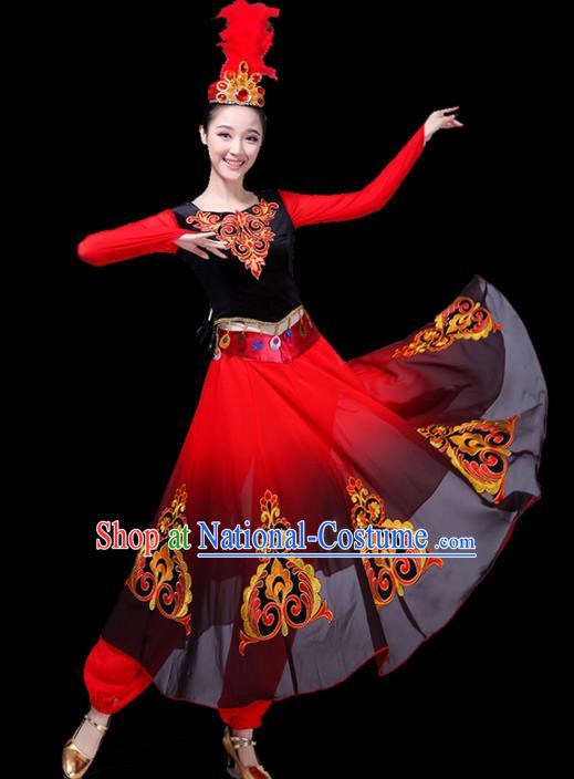 Chinese Traditional Uigurian Ethnic Costumes Uyghur Nationality Folk Dance Red Dress for Women