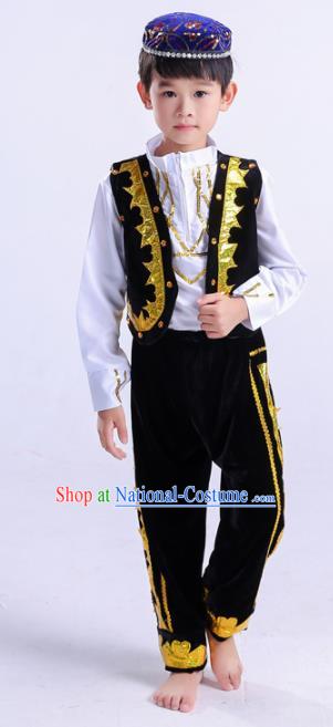 Chinese Traditional Uigurian Ethnic Costumes Uyghur Nationality Boy Folk Dance Black Clothing for Kids